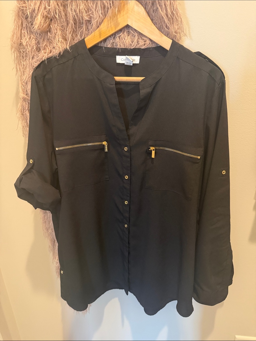Calvin Klein Black Button-Front Blouse with Gold Zipper Accents
